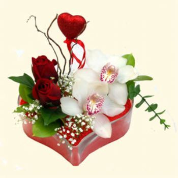  Uak hediye sevgilime hediye iek  1 kandil orkide 5 adet kirmizi gl mika kalp
