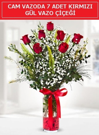 Cam vazoda 7 adet kırmızı gül çiçeği  Uşak çiçek gönderme sitemiz güvenlidir 